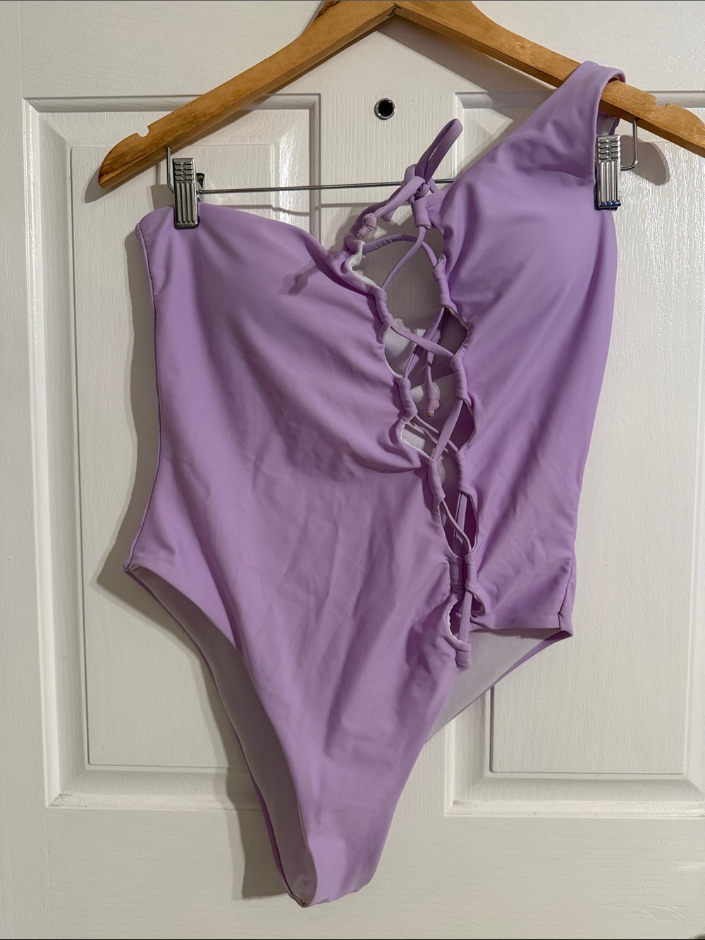 SHEIN Lavender One-Shoulder Lace-Up One-Piece Swimsuit